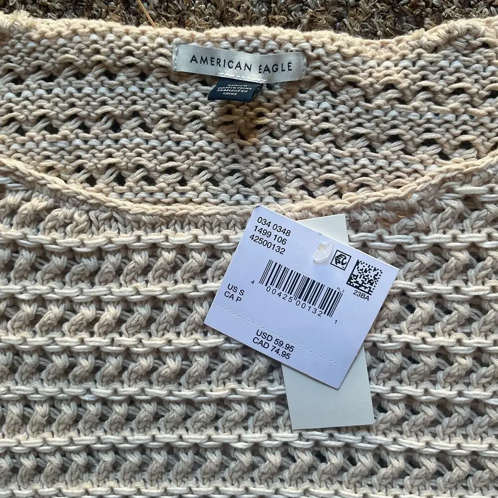 American Eagle Crochet Knit Sweater Women’s S Beige Open Knit Long Sleeve NWT